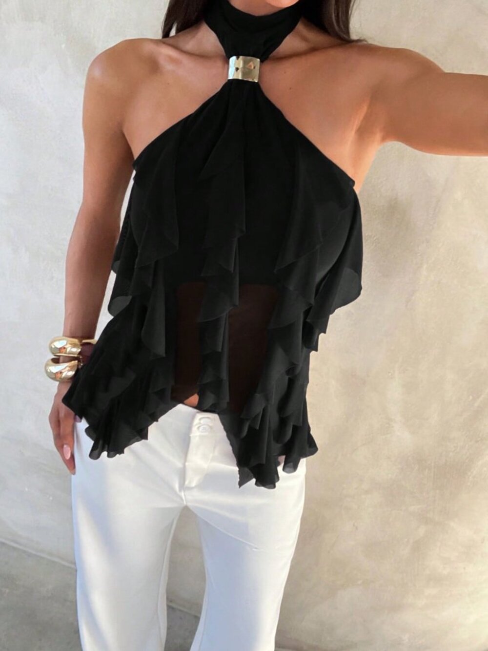 Black Elegant Women's Multi-Layer Ruffle Trim Stand Collar Fitted Tank Top - Picture 6 of 7